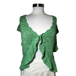 W Woman Butterfly Green Open Knit Ruffle Peplum Cardigan Vest 1X Hook Eye